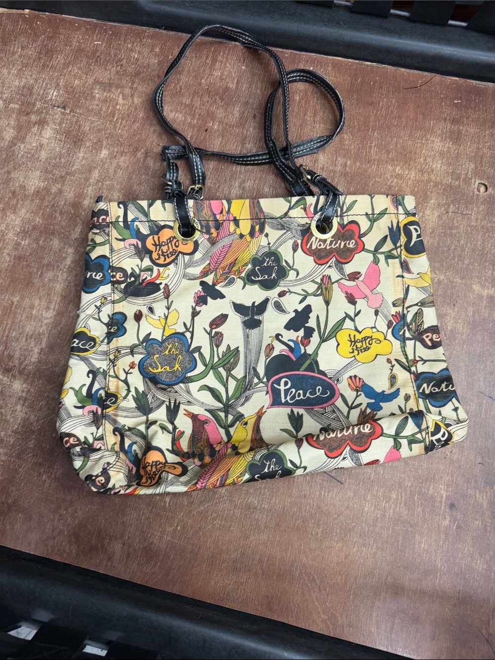 Sakroots Multicolor Floral & Bird Canvas Tote with Black Handles